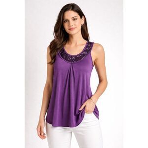 Moa Moa Women’s Medium Purple Sleeveless Sequin Scoop Neck Flowy Top